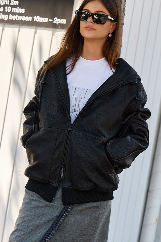 Pebbled Leather Zip Up Hoodie Jacket