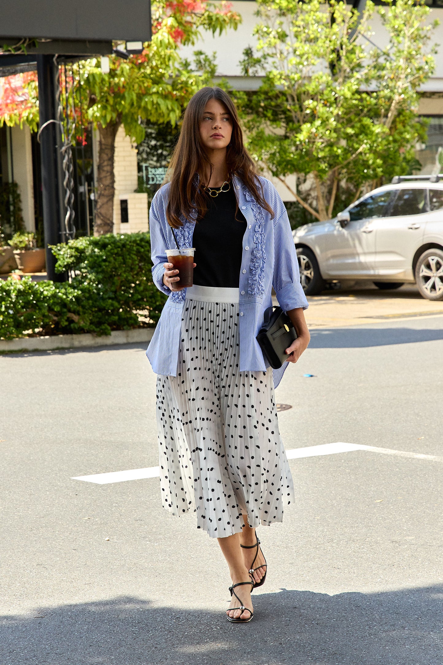 Scribble Dot Print Pull On Pleated Skirt